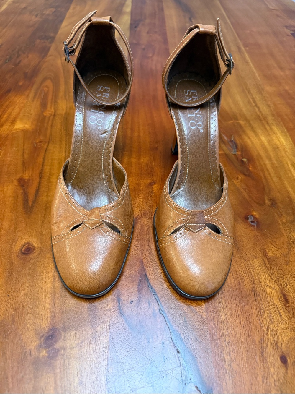 Franco Sarto Cognac Leather Ankle-Strap Heels